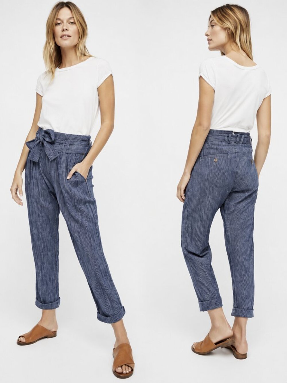FREE PEOPLE Rumors Yarn Dye Blue Harem Pants Cropped Navy Boho Coastal Chic 4